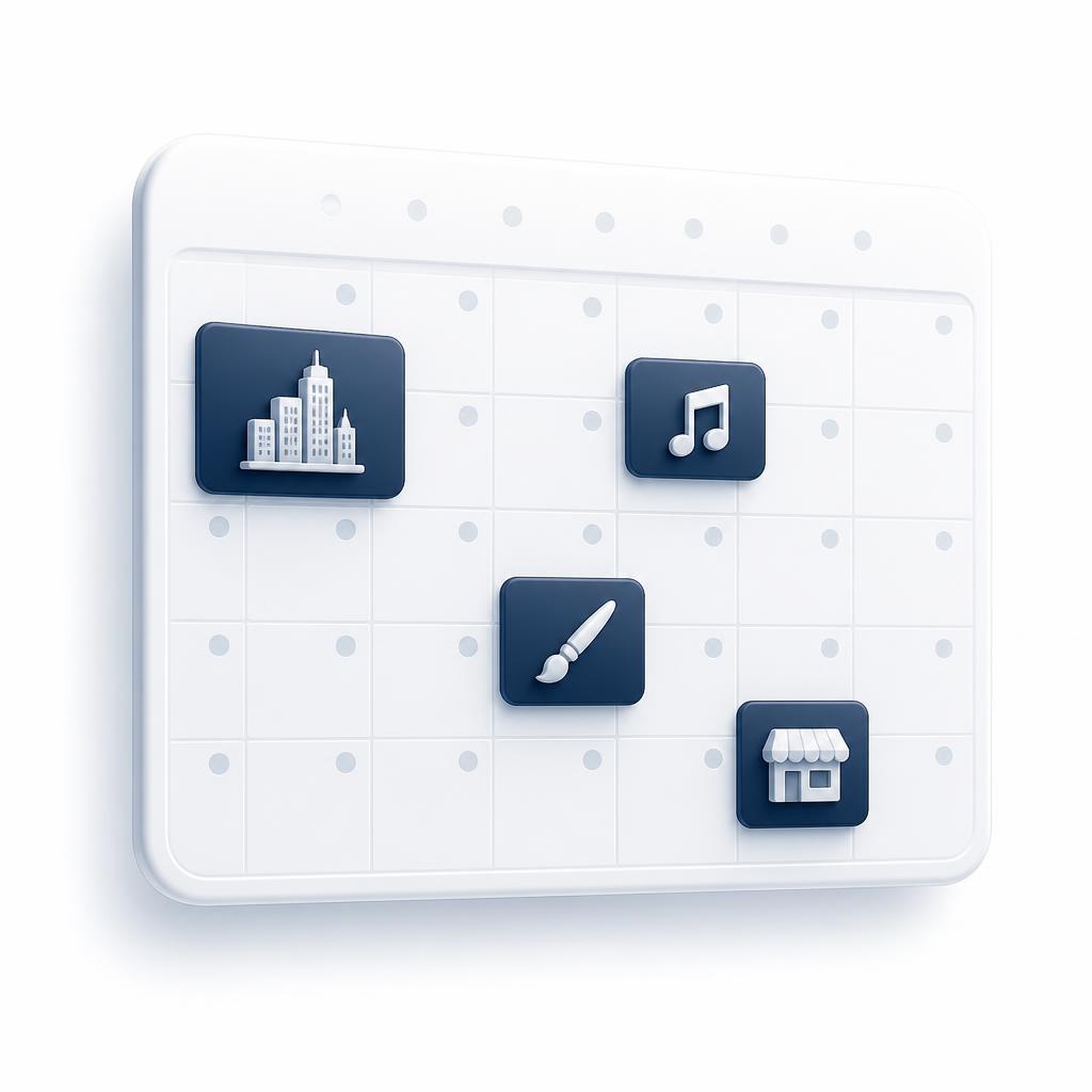 Calendar showing scheduled property activations such as live music, art, and retail pop-ups